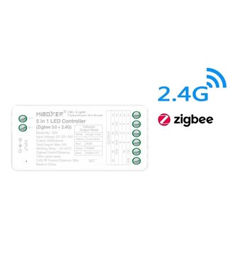 Miboxer Zigbee 3.0 + 2.4 Ghz, 5 in 1 LED Strip Controller Mono/CCT/RGB/RGB+W/RGB+CCT 12-24VDC, 12A, Werkt via Zigbee 3.0 / App / Wifi / 2.4Ghz - SZ5