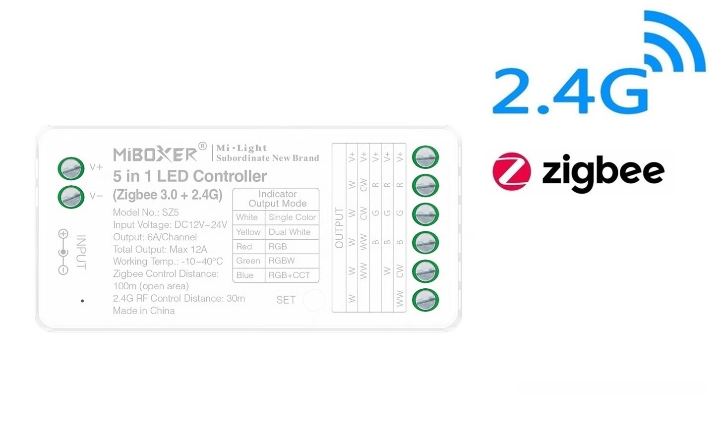 Miboxer Zigbee 3.0 + 2.4 Ghz, 5 in 1 LED Strip Controller Mono/CCT/RGB/RGB+W/RGB+CCT 12-24VDC, 12A, Werkt via Zigbee 3.0 / App / Wifi / 2.4Ghz - SZ5