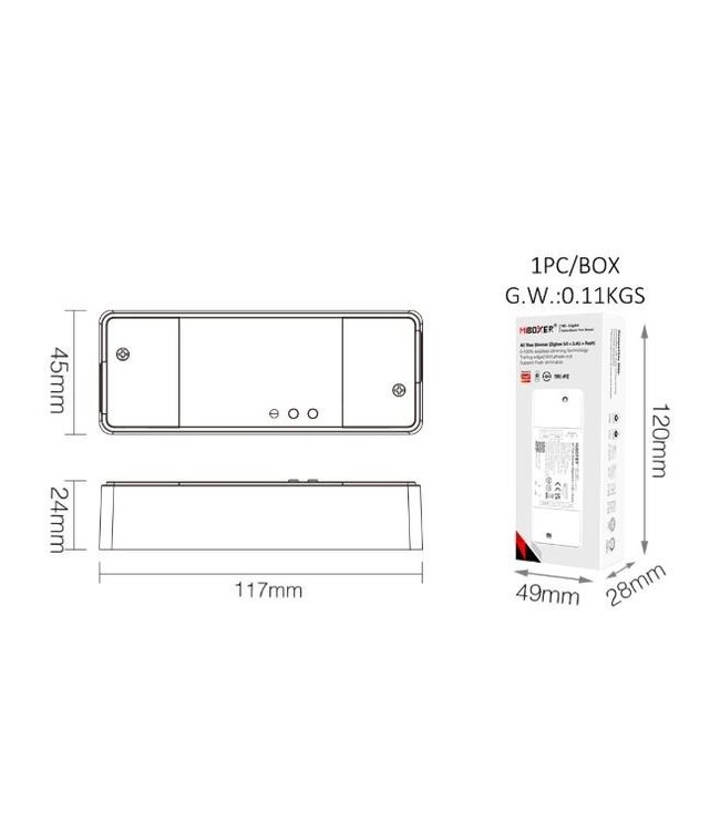 Miboxer Draadloze Triac LED Dimmer, Met Trekontlasting, Zigbee 3.0 + 2.4GHz, Max 500 watt - TRI-PZ