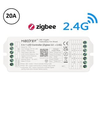 Miboxer Zigbee 3.0 + 2.4 Ghz, 5 in 1 LED Strip Controller Mono/CCT/RGB/RGB+W/RGB+CCT 12-48VDC, 20A, Werkt via Zigbee 3.0 / App / Wifi / 2.4Ghz - PZ5