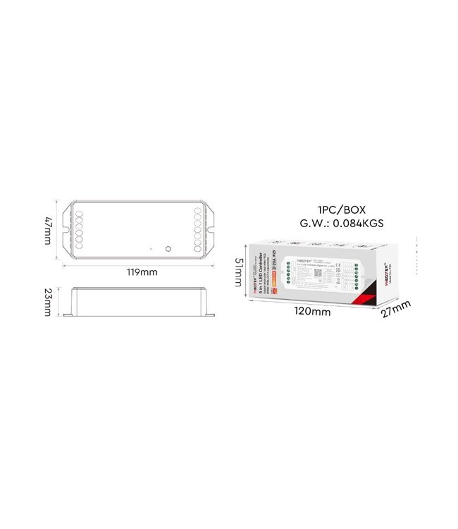 Miboxer Zigbee 3.0 + 2.4 Ghz, 5 in 1 LED Strip Controller Mono/CCT/RGB/RGB+W/RGB+CCT 12-48VDC, 20A, Werkt via Zigbee 3.0 / App / Wifi / 2.4Ghz - PZ5