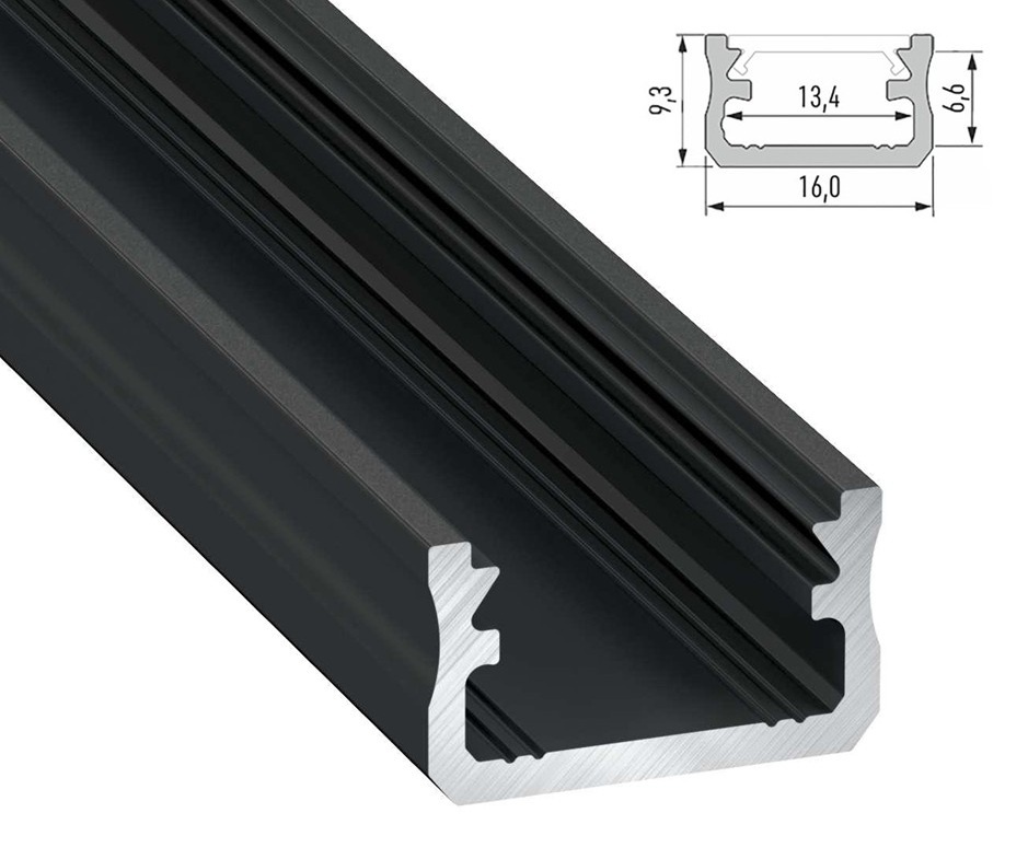 Standaard Aluminium Led Strip Profiel Norman | ZWART | 16x9,3mm | Tot 2 Meter leverbaar
