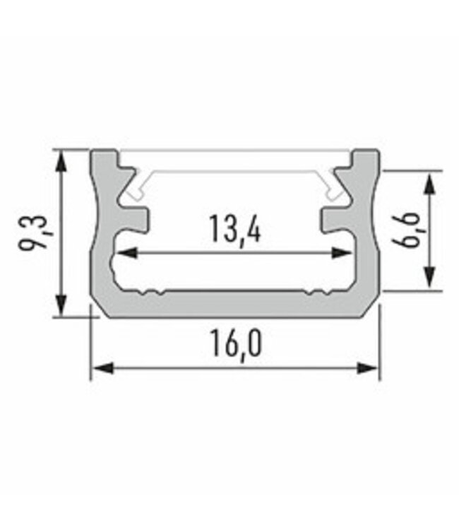 Standaard Aluminium Led Strip Profiel  Norman | INOX |  16x9,3mm | Tot 2 Meter leverbaar