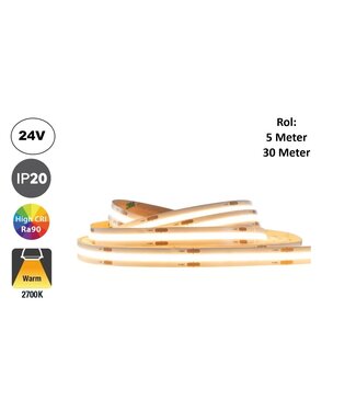 PRIME Led Strip ROL 5 of 30 Meter COB, 8w/m, 320 led/m, 800Lm/m, 2700K Warm wit, CRI90, 24v, IP20, 8mm, 2 Jaar garantie
