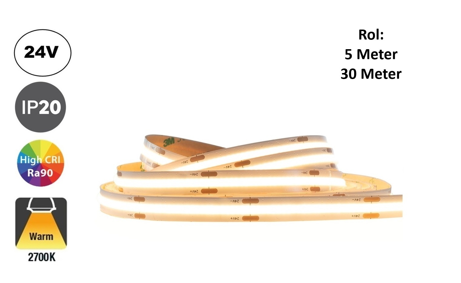 PRIME Led Strip ROL 5 of 30 Meter COB, 8w/m, 320 led/m, 800Lm/m, 2700K Warm wit, CRI90, 24v, IP20, 8mm, 2 Jaar garantie
