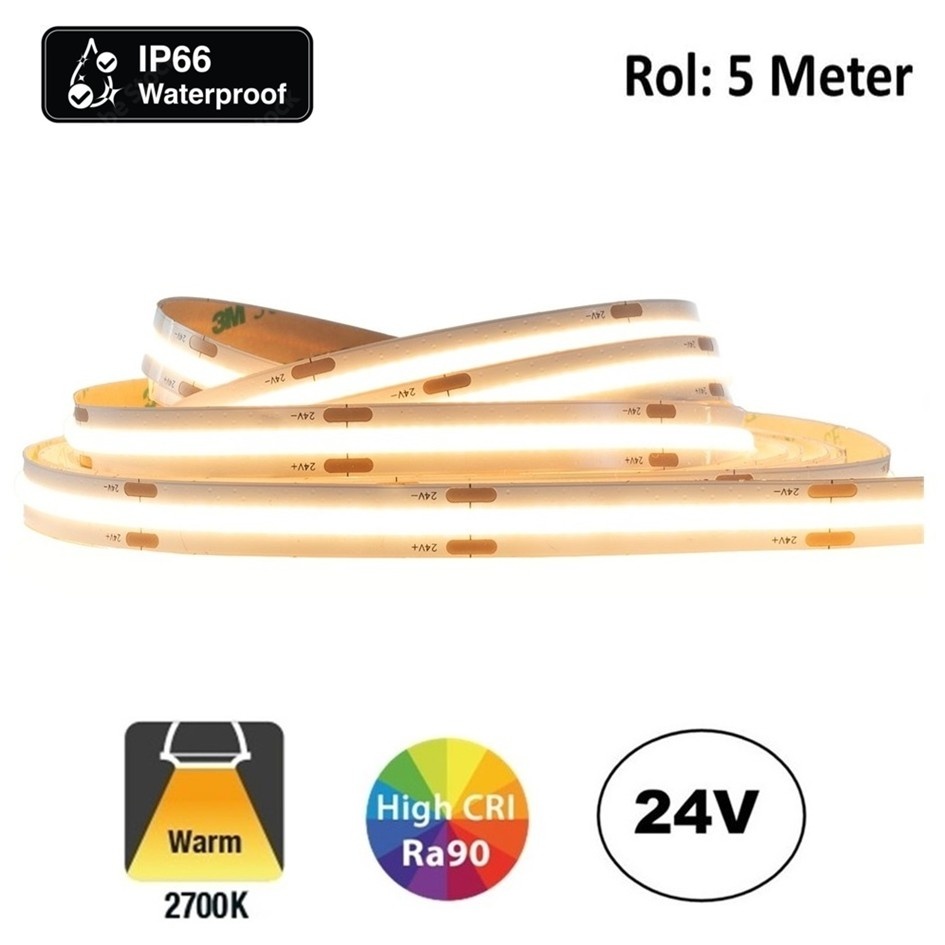 PRIME Led Strip ROL 5 Meter, COB, 8w/m, 320 led/m, 800Lm/m, 2700K Warm wit, CRI90, 24v, IP66, 9mm, 2 Jaar garantie