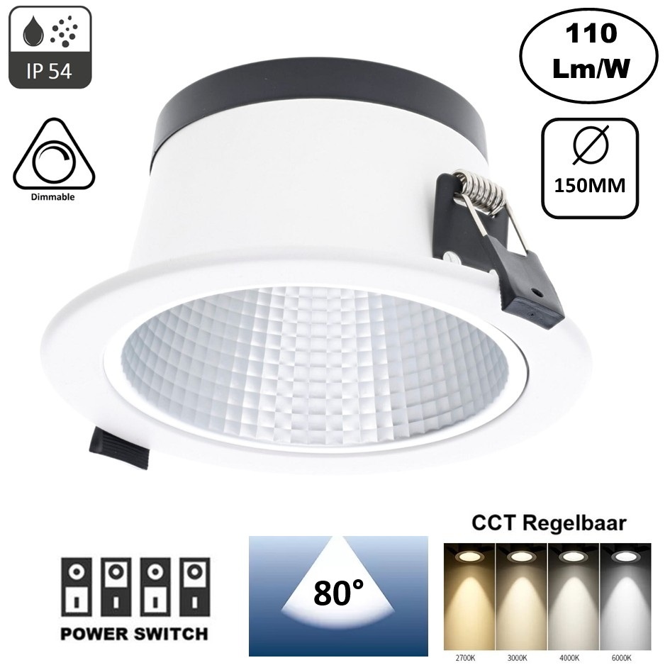 Led Downlighter Luxe met Wattageswitch 6/8/10/12w, CCT Switch 2700/3000/4000/5700K, 660-1320 Lumen, gatmaat Ø120-140mm, UGR19, 3 Jaar Garantie