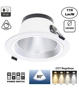 Led Downlighter Luxe met Wattageswitch 12/14/16/18w, CCT Switch 2700/3000/4000/5700K, 1320-1980 Lumen, gatmaat Ø145-170mm, UGR19, 3 Jaar Garantie