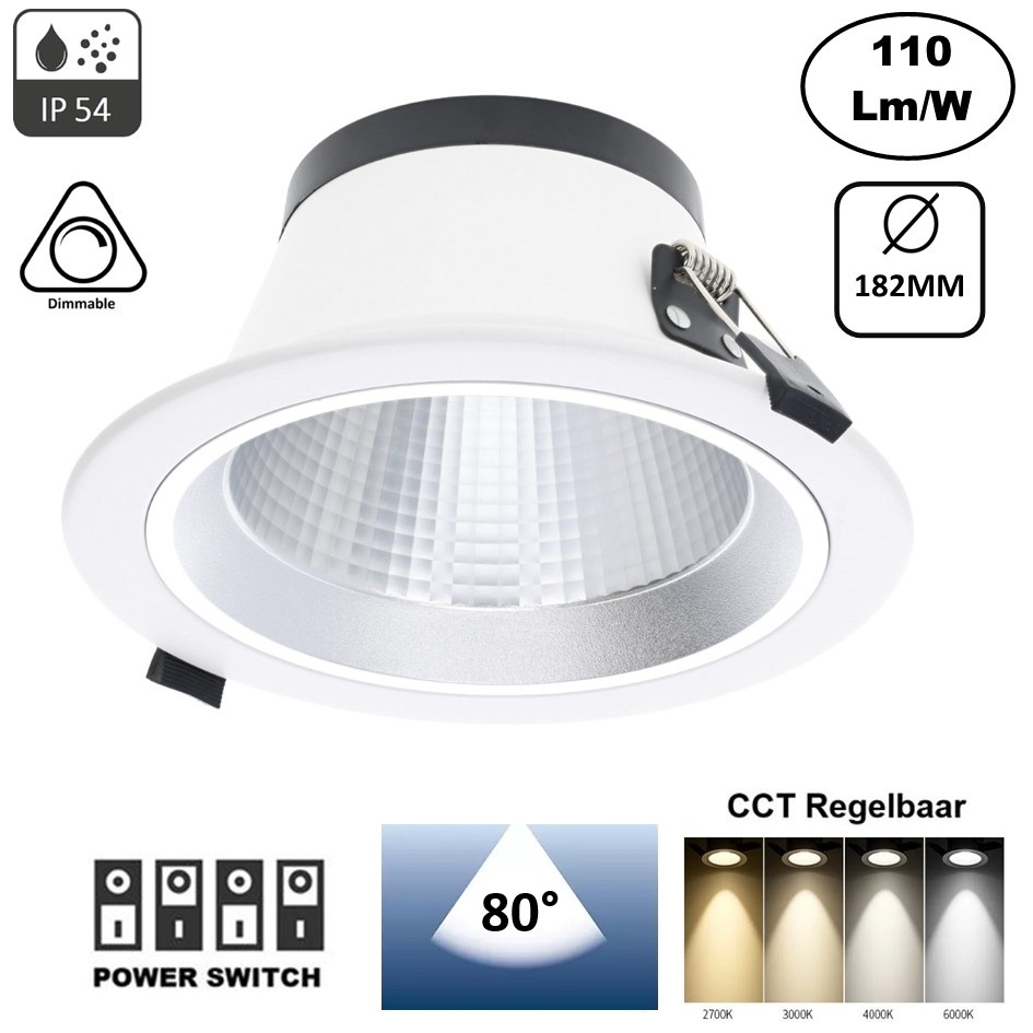 Led Downlighter Luxe met Wattageswitch 12/14/16/18w, CCT Switch 2700/3000/4000/5700K, 1320-1980 Lumen, gatmaat Ø145-170mm, UGR19, 3 Jaar Garantie
