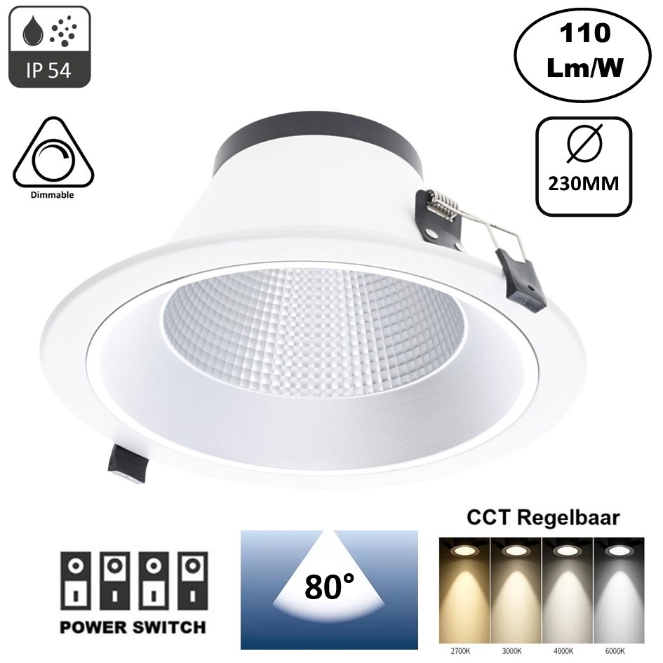Led Downlighter Luxe met Wattageswitch 15/20/25/30w, CCT Switch 2700/3000/4000/5700K, 1650-3300 Lumen, gatmaat Ø185-220mm, UGR19, 3 Jaar Garantie