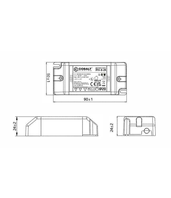 Cobalt Premium Led Strip voeding 24V/8W/0,33A, Max: 6w, Afm:90x50x24mm, 3 Jaar Garantie