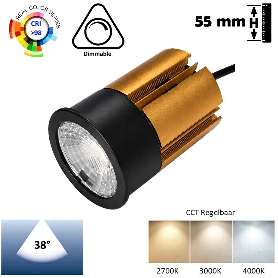 Luxe LED Module 4/6w, 400/600 Lumen, CCT-Switch (2700K/3000K/4000K), Dimbaar, CRI>98 (werkelijk kleur weergave), Lichthoek: 38°, Incl. Driver, 3 Jaar Garantie
