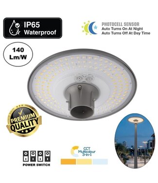 Premium LED Parklamp GLX 30w/50w70w (powerswitch), 4500 -10000Lumen (120lm/w), CCT-Switch (3000K/4000K/5000K, Met Schemersensor, IP65, 3 Jaar Garantie