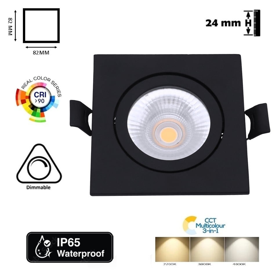 Inbouw LED Spot 6w Flat Vierkant, 400 Lumen, CCT Switch (2700K/3000K/4000K), Kantelbaar, IP65, Dimbaar, CRI90, Zwart Armatuur, Gatmaat 68-72mm, 2 Jaar Garantie