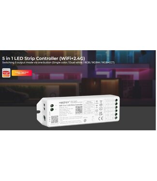 Miboxer WIFI + 2.4 Ghz, 5 in 1 LED Strip Controller Mono/CCT/RGB/RGB+W/RGB+CCT 12-48VDC, 15A, Werkt via WIFI / App / 2.4Ghz - WL5