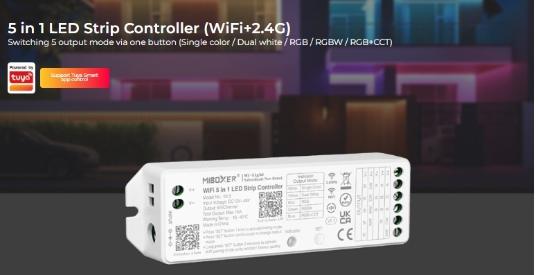 Cobalt Smart Wifi LED Strip Controller 12v (180w) - 24v (360w), Single / CCT/ RGB/ RGBW/ RGBCCT LED Strips (5in1), Werkt via TUYA App / Google Assistant / Amazon Alexa - Copy