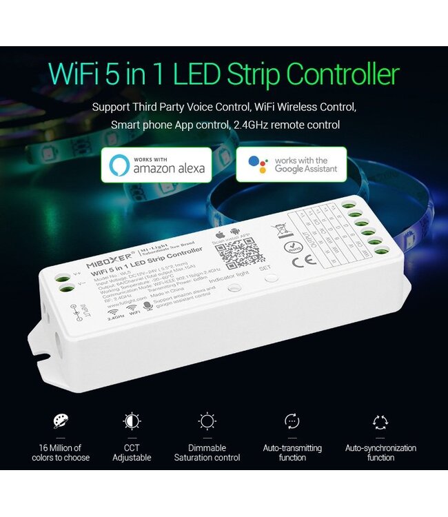Cobalt Smart Wifi LED Strip Controller 12v (180w) - 24v (360w), Single / CCT/ RGB/ RGBW/ RGBCCT LED Strips (5in1), Werkt via TUYA App / Google Assistant / Amazon Alexa  - Copy