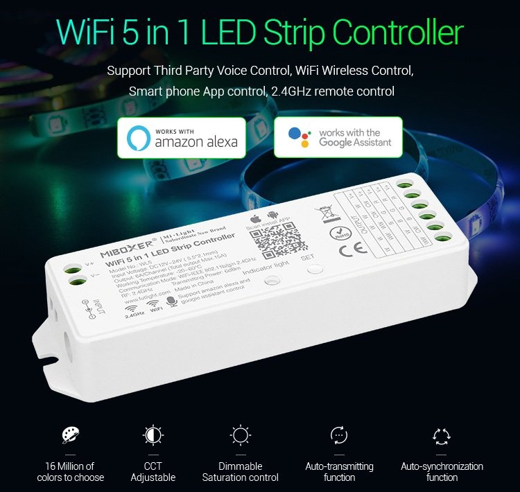Cobalt Smart Wifi LED Strip Controller 12v (180w) - 24v (360w), Single / CCT/ RGB/ RGBW/ RGBCCT LED Strips (5in1), Werkt via TUYA App / Google Assistant / Amazon Alexa - Copy, foto 2 van 6