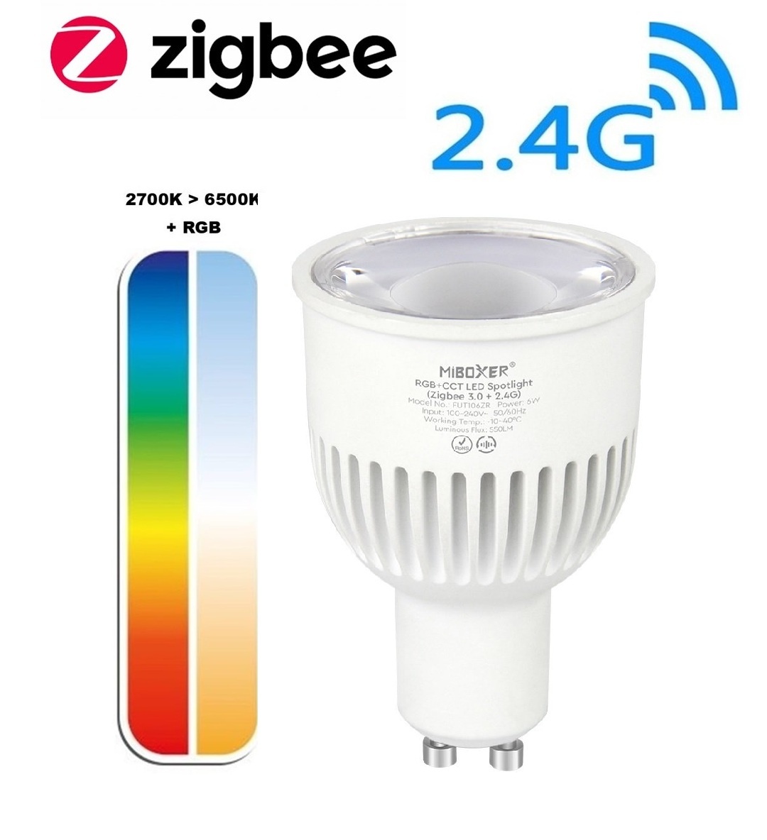 MiBoxer Zigbee3.0 GU10 LED Spot 6w RGB + CCT, 2.4Ghz, 550 Lumen, 2 Jaar Garantie - FUT106ZR