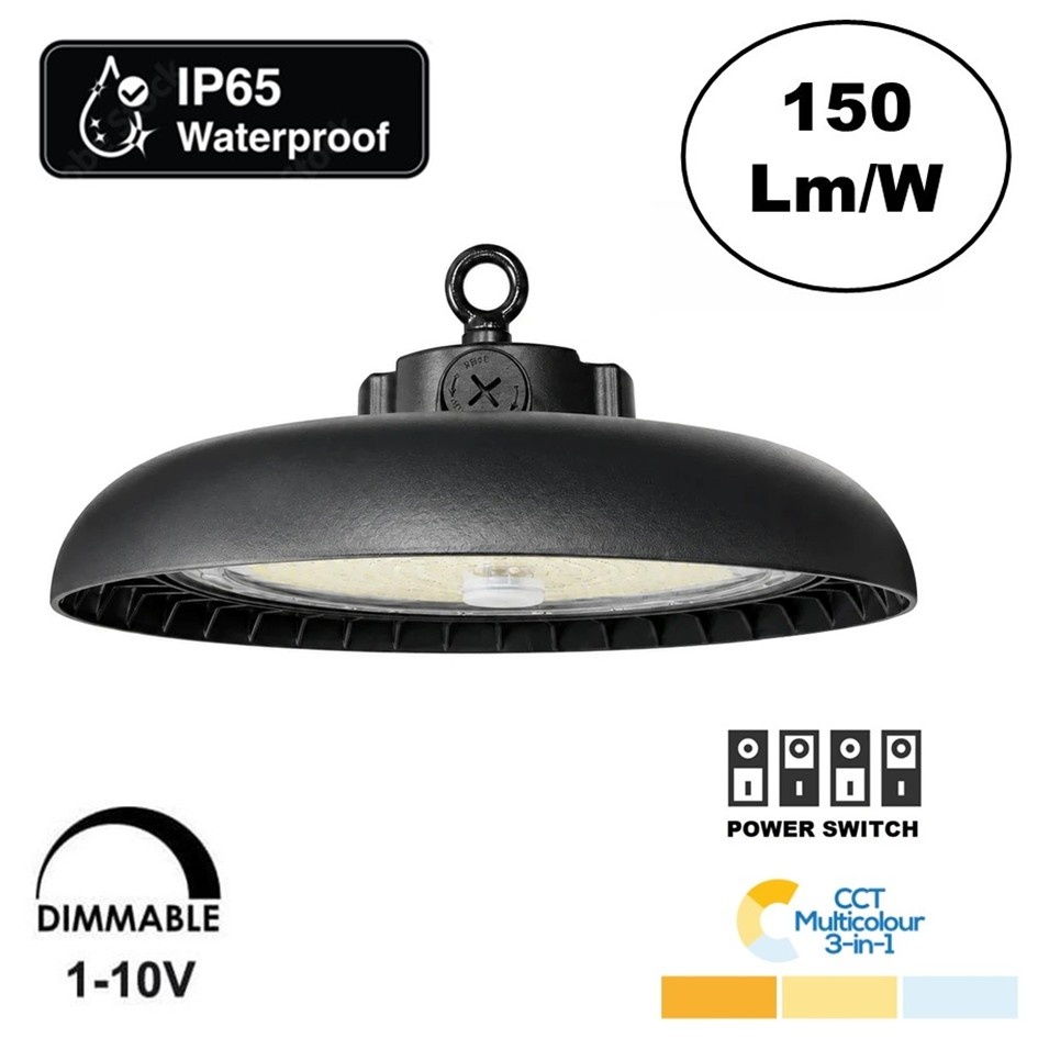 High Bay Led Ufo Power-Switch 120W/160W/200W, 18000-30000 Lumen, CCT-Switch (3000K/4000K/6000K), IP65, 1-10V Dimmable Lifud LED Driver, 5 Jaar Garantie