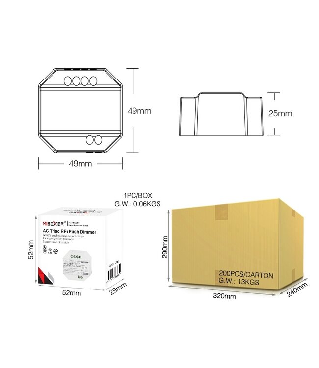 Miboxer Draadloze Triac LED Dimmer, WIFI + 2.4GHz, Max 300 watt - TRI-C1WR