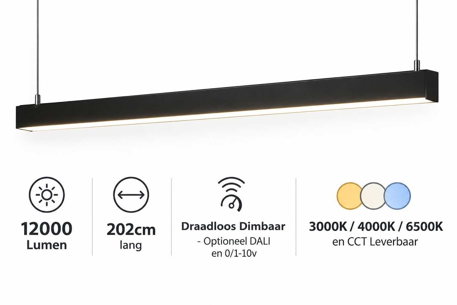 LED Linear Lamp 202cm, 96w, 12000 Lumen (125lm/w), ZWART-kleurige Behuizing, 3 Jaar garantie