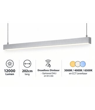 LED Linear Lamp 202cm, 96w, 12000 Lumen (125lm/w), ALU-kleurige Behuizing, 3 Jaar garantie