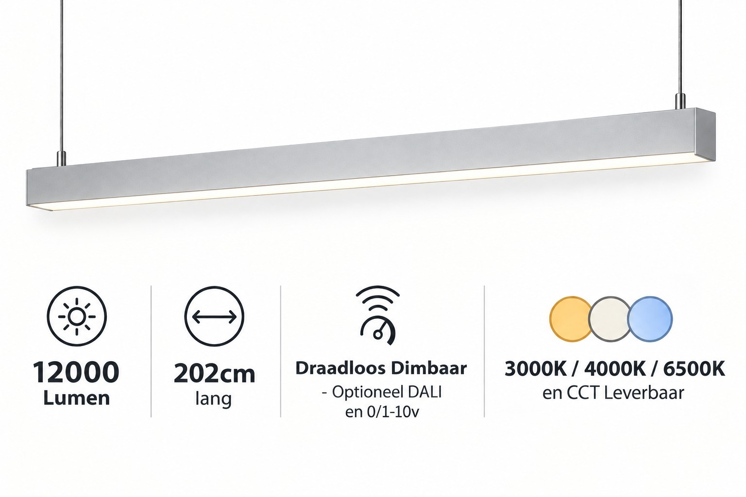 LED Linear Lamp 202cm, 96w, 12000 Lumen (125lm/w), ALU-kleurige Behuizing, 3 Jaar garantie