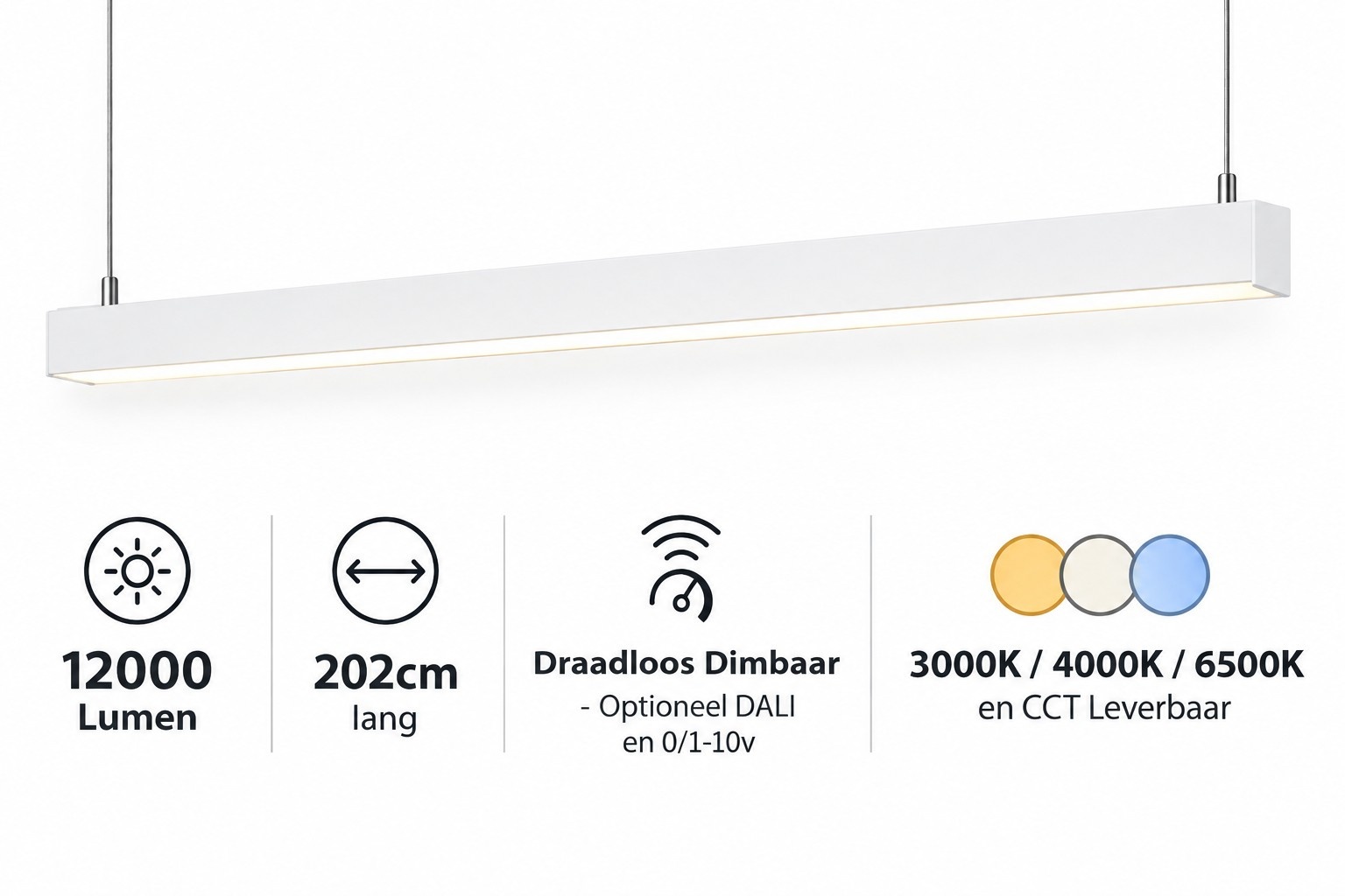LED Linear Lamp 202cm, 96w, 12000 Lumen (125lm/w), WIT-kleurige Behuizing, 3 Jaar garantie