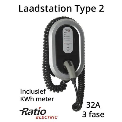 Ratio EV Laadstation type 2, 32A, 3 fase, laadkabel spiraal + KWh meter