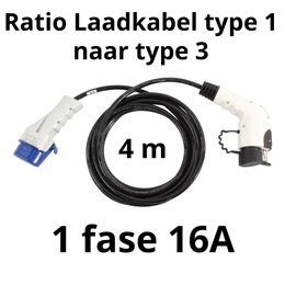 Ratio Laadkabel type 1 naar type 3 - 1 fase 16A - 4 meter