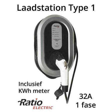 Ratio EV Home Box Plus Laadstation type 1, 1 fase 32A met 5 meter vaste rechte laadkabel + KWh meter