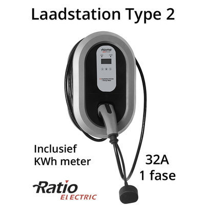 Ratio EV Home Box Plus Laadstation type 2, 1 fase 32A, rechte laadkabel + KWh meter