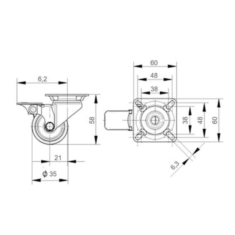 Livello zwenkwiel 35mm verzinkt 3PU plaat met rem-2