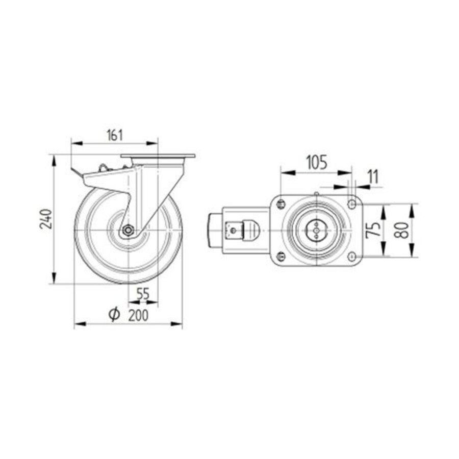 TENTE Zwenkwiel nylon 200 5SO plaat met rem-2