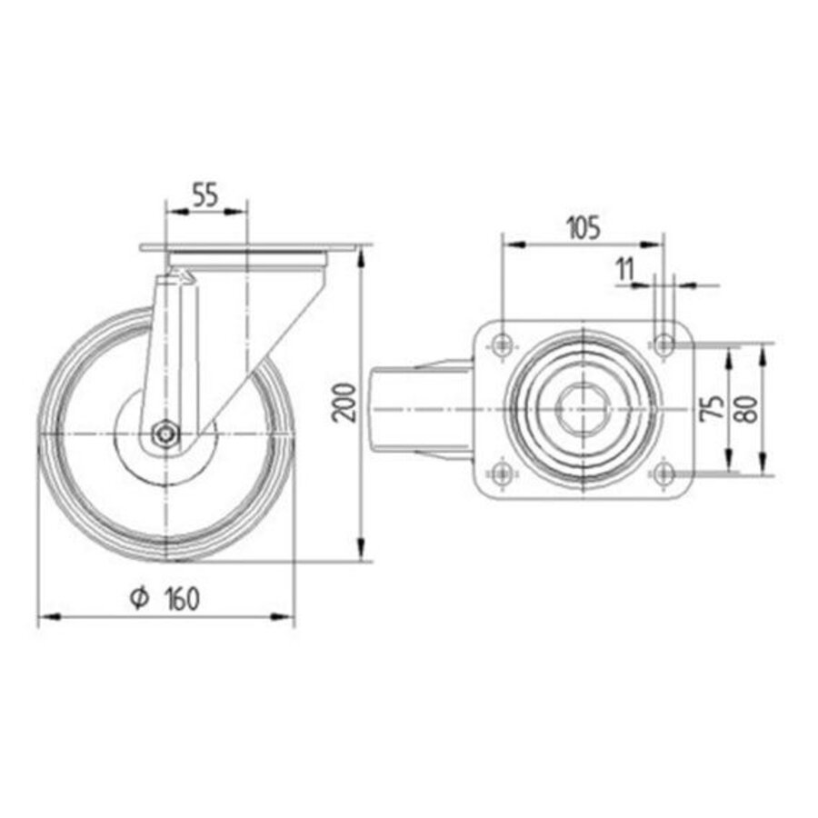 TENTE Zwenkwiel RVS 160 elastisch rubber KO plaat-2