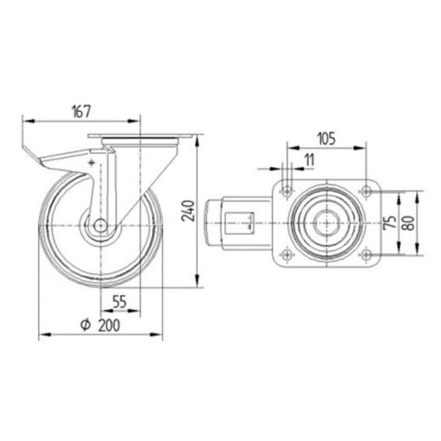 TENTE Zwenkwiel RVS 200 elastisch rubber KO plaat met rem-2