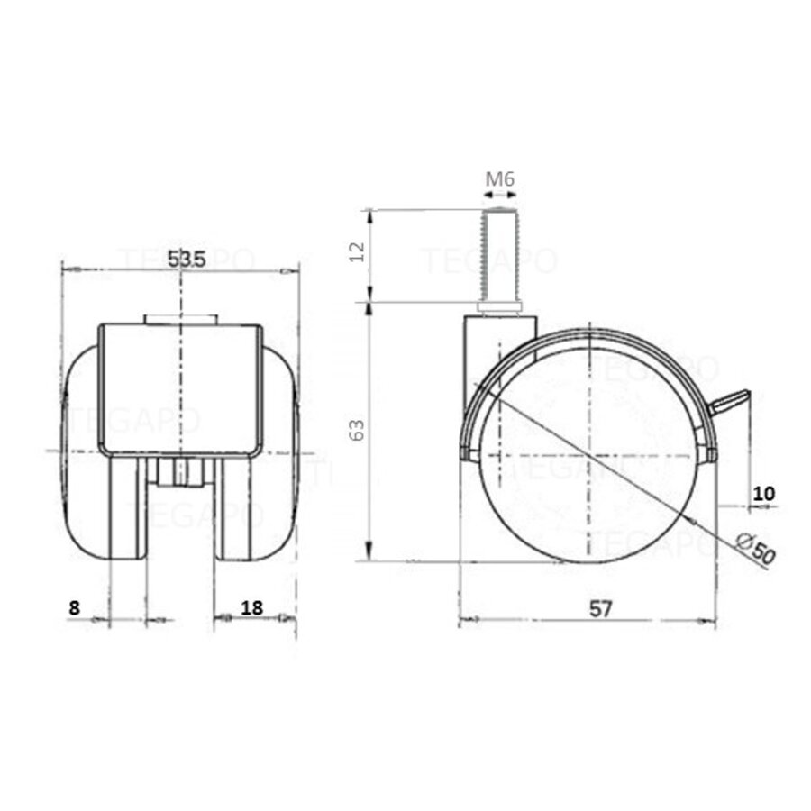 PP chrome wiel 50mm bout M6x12 met rem-2