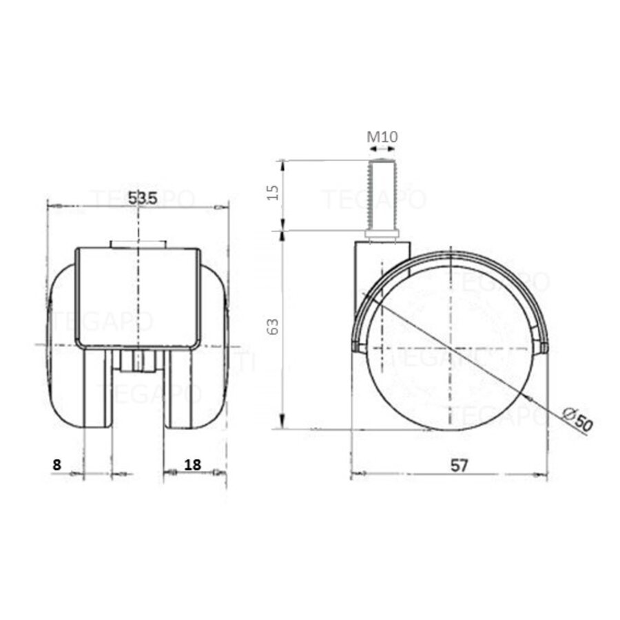 PP wiel 50mm bout M10x15-2