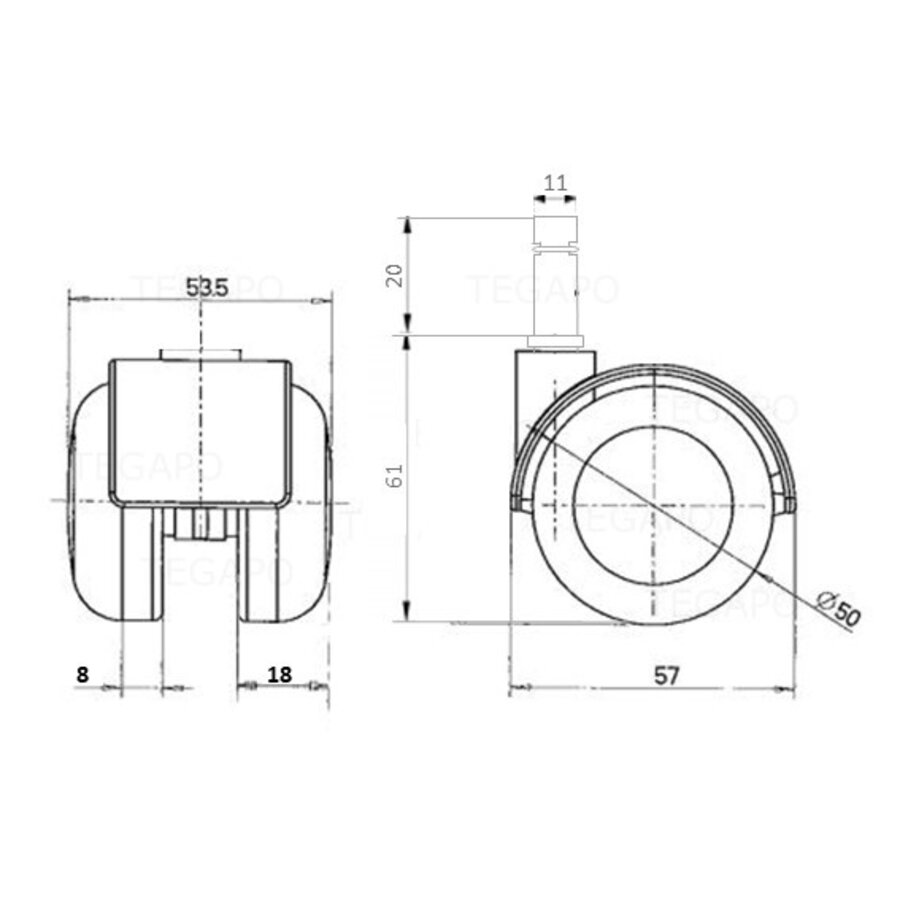 PPTP chrome wiel 50mm stift 11mm-2