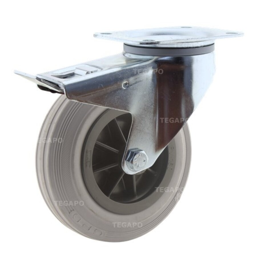 Zwenkwiel rubber indoor 160 3KO plaat met rem-1