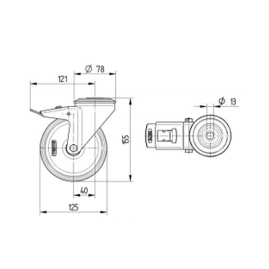 Zwenkwiel elastisch rubber 125 3KO boutgat met rem-2