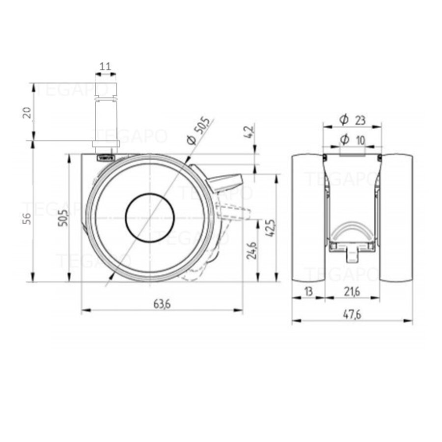 PAPU LOW wiel 50mm stift 11mm met rem-2