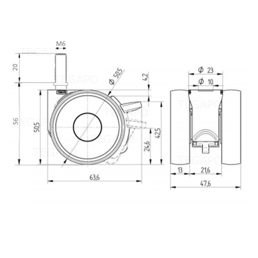PAPU LOW wiel 50mm bout M6x20 met rem-2