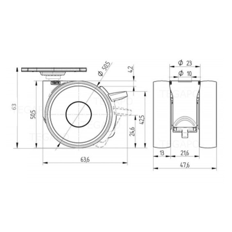 PAPU LOW wiel 50mm plaat 38x38mm met rem-2