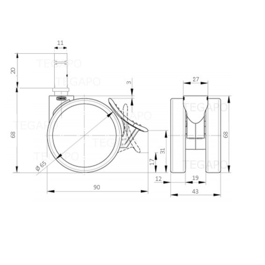 PATPROL wiel 65mm krans 27mm met rem stift 11mm-2