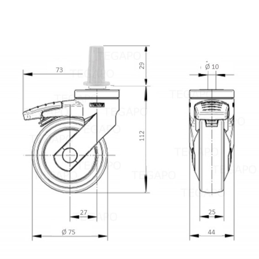 SYTP zwart afdekkap wiel 75mm plug rond staal 13mm met rem-2