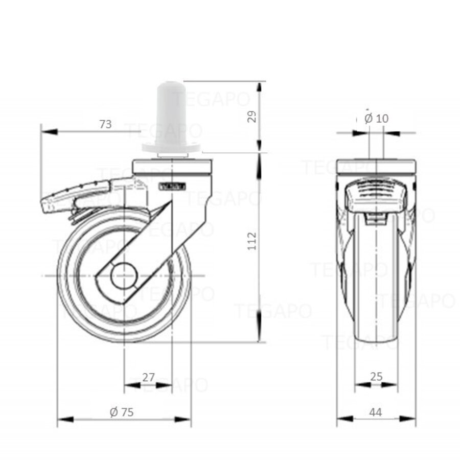SYTP zwart afdekkap wiel 75mm plug rond kunststof 13mm met rem-2