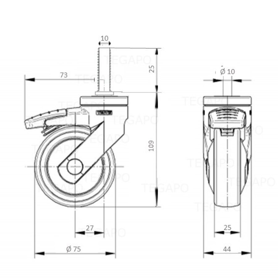 SYTP zwart afdekkap wiel 75mm bout M10x25 met rem-2