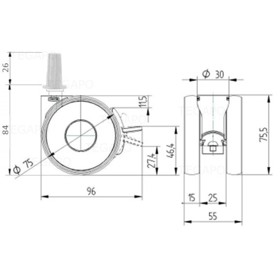 PAPU HIGH wiel 75mm plug rond staal 13mm met rem-3